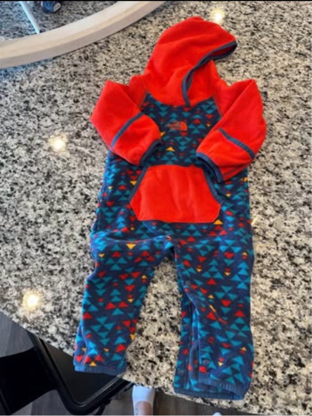 The North Face Red and Blue Hooded Fleece One-Piece Bodysuit